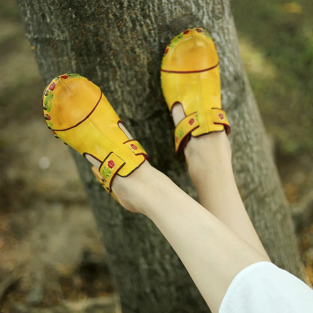 Leather Hand-polished Retro Flower Bag Head Comfortable Thick Heel Sandals