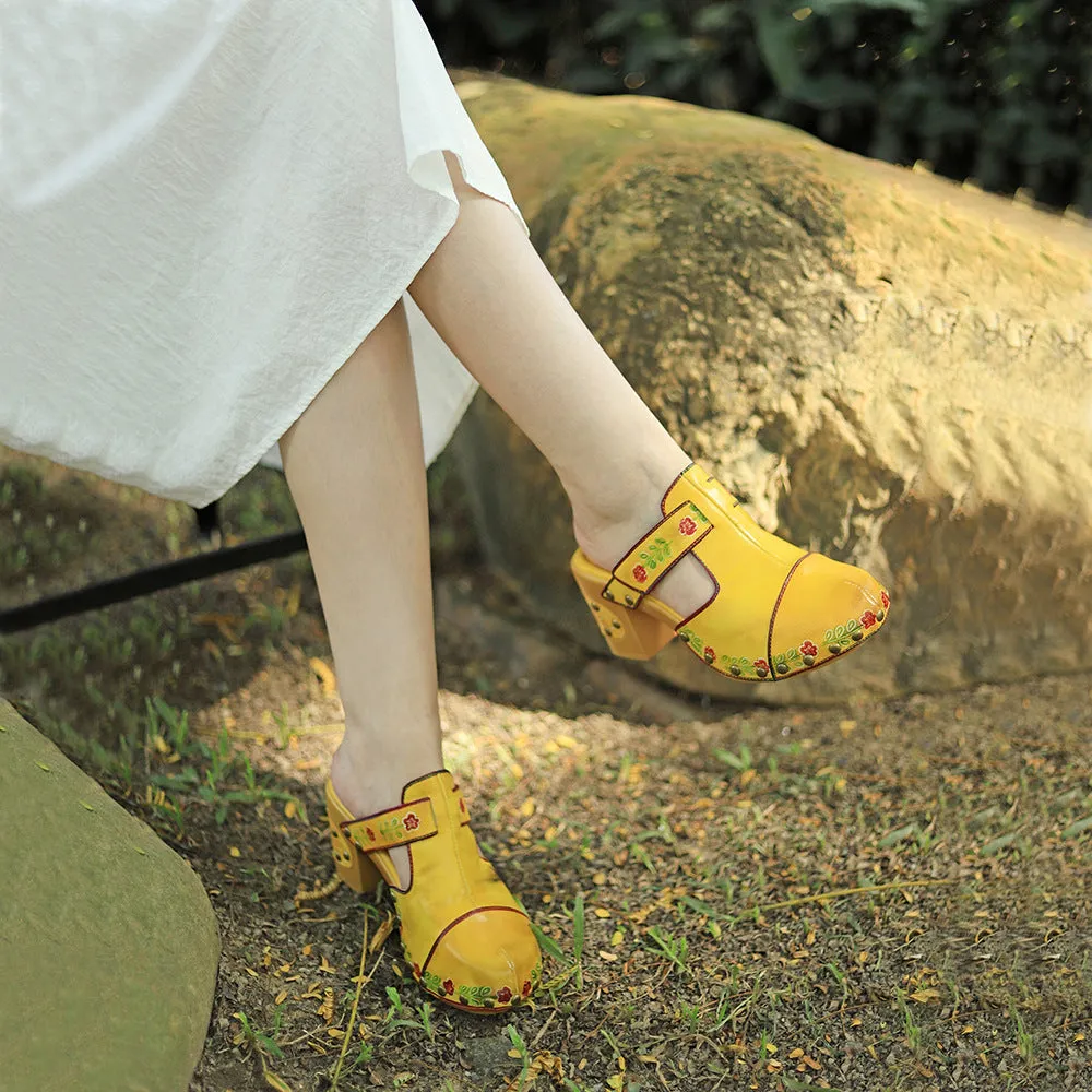 Leather Hand-polished Retro Flower Bag Head Comfortable Thick Heel Sandals