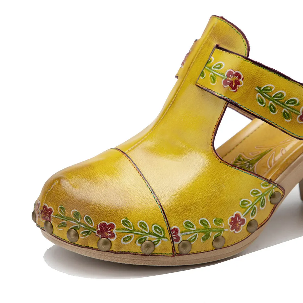 Leather Hand-polished Retro Flower Bag Head Comfortable Thick Heel Sandals