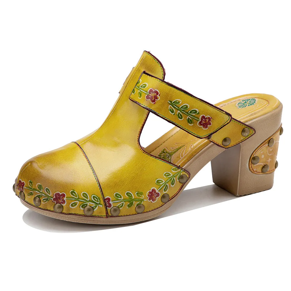 Leather Hand-polished Retro Flower Bag Head Comfortable Thick Heel Sandals