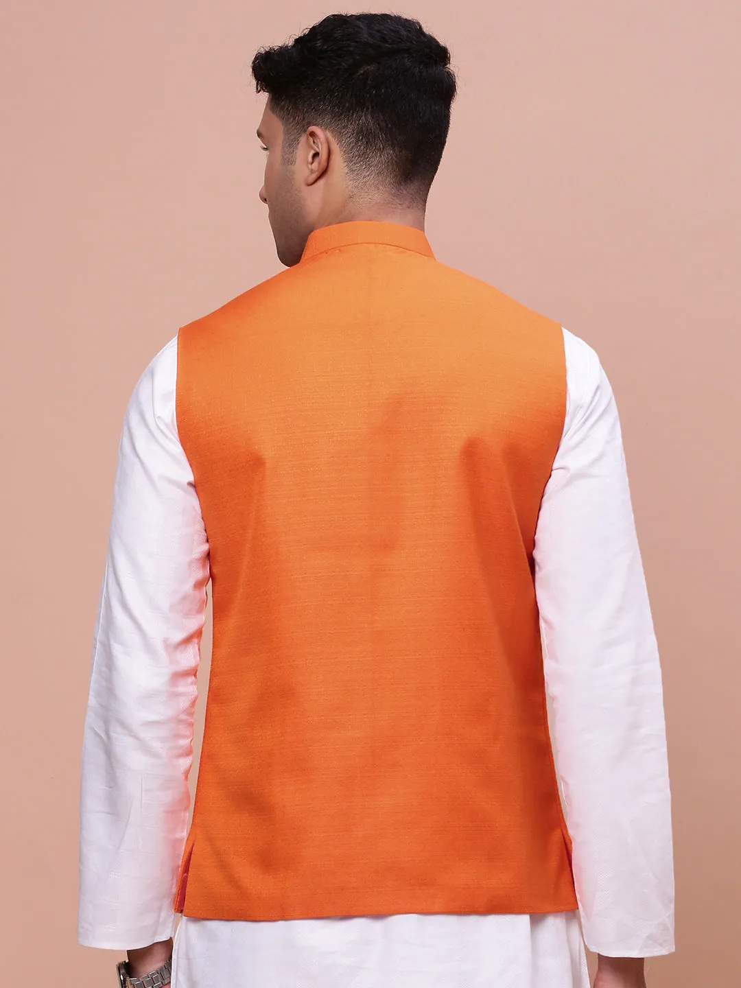 Men Orange Slim-Fit Woven Nehru Jacket
