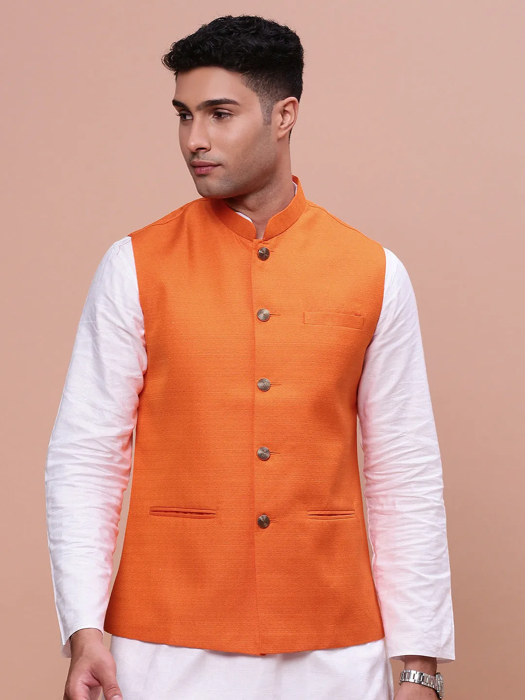 Men Orange Slim-Fit Woven Nehru Jacket