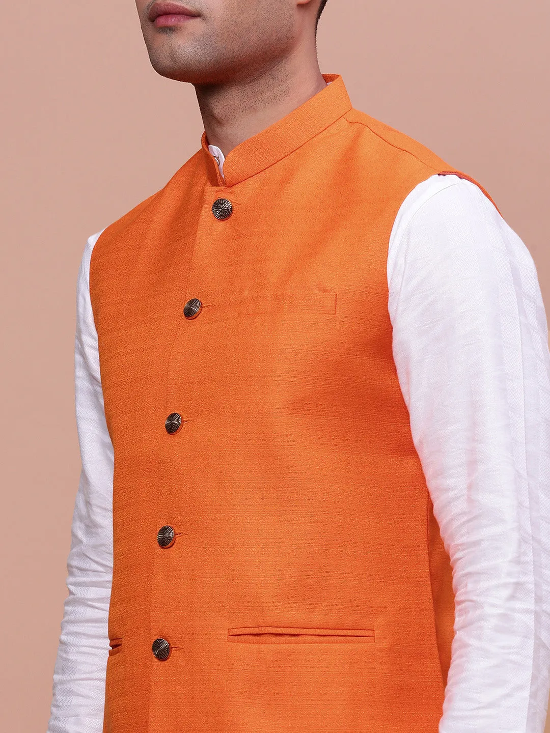 Men Orange Slim-Fit Woven Nehru Jacket