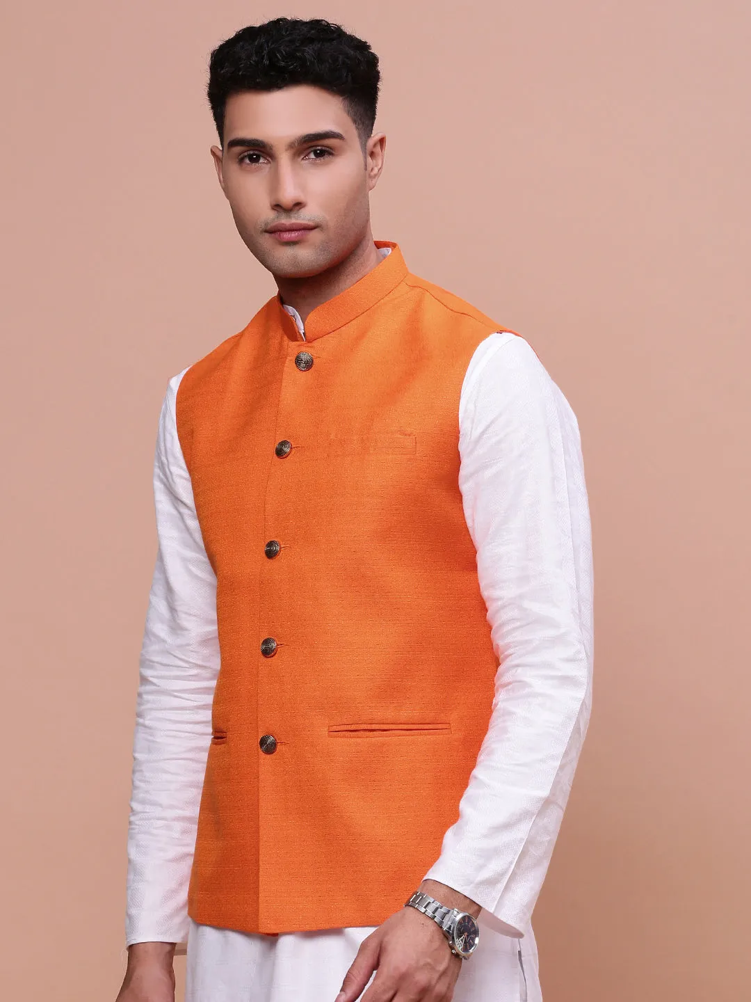 Men Orange Slim-Fit Woven Nehru Jacket