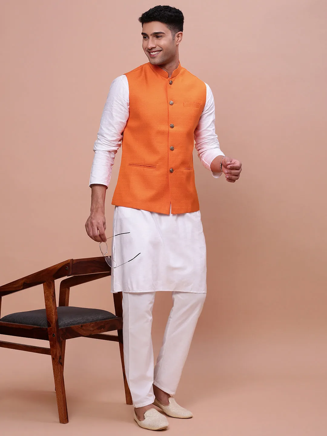 Men Orange Slim-Fit Woven Nehru Jacket