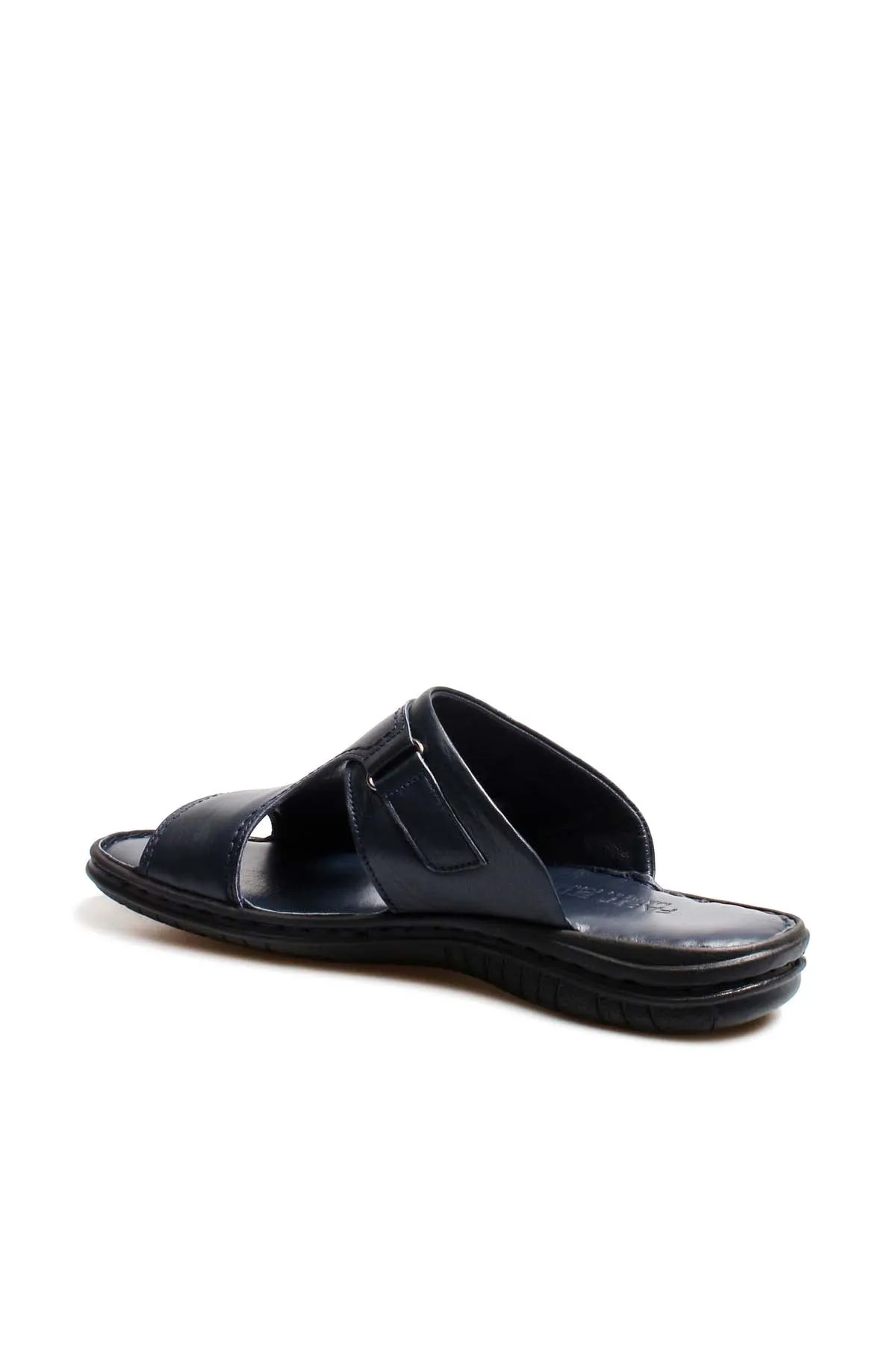 Men's Navy Leather Slide Sandals with Cutout Design - Wessi