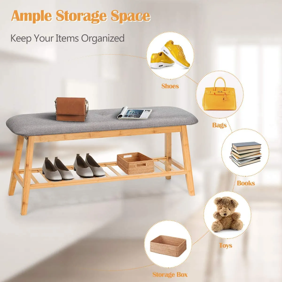 NNECW Bamboo Shoe Organizer with Soft Cushion for Entryway