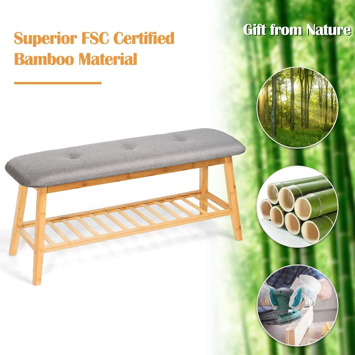 NNECW Bamboo Shoe Organizer with Soft Cushion for Entryway