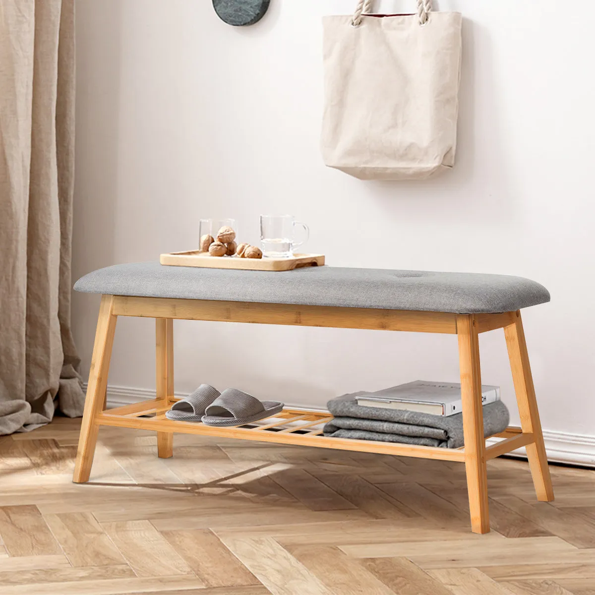 NNECW Bamboo Shoe Organizer with Soft Cushion for Entryway