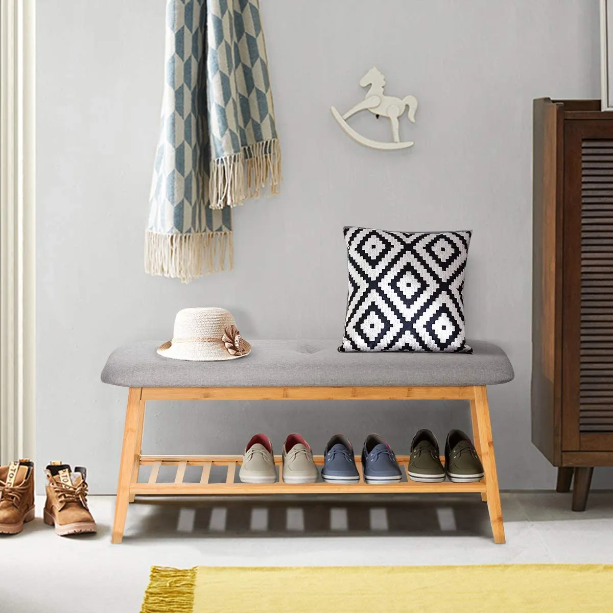 NNECW Bamboo Shoe Organizer with Soft Cushion for Entryway