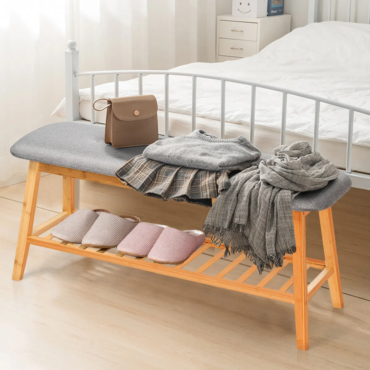 NNECW Bamboo Shoe Organizer with Soft Cushion for Entryway
