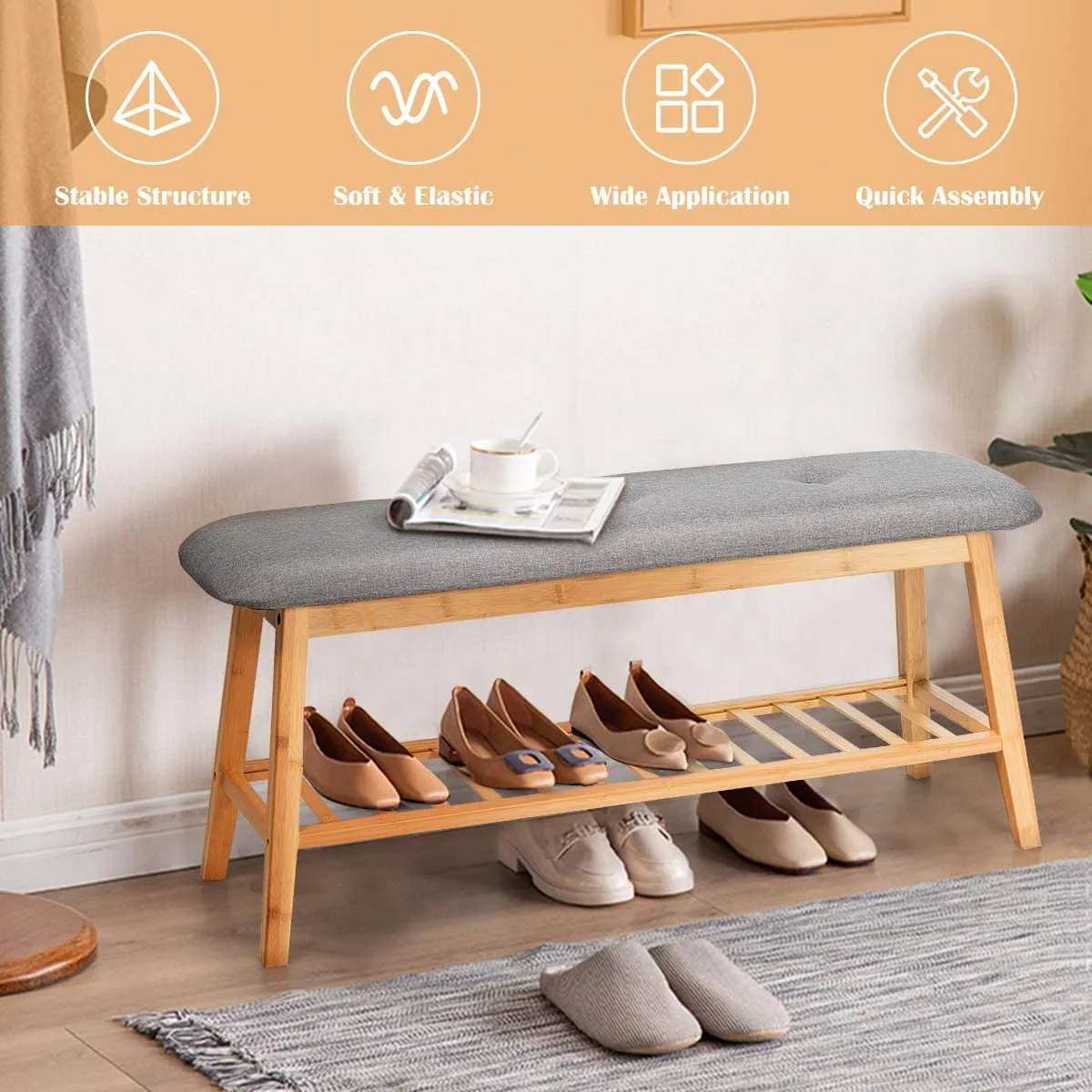 NNECW Bamboo Shoe Organizer with Soft Cushion for Entryway