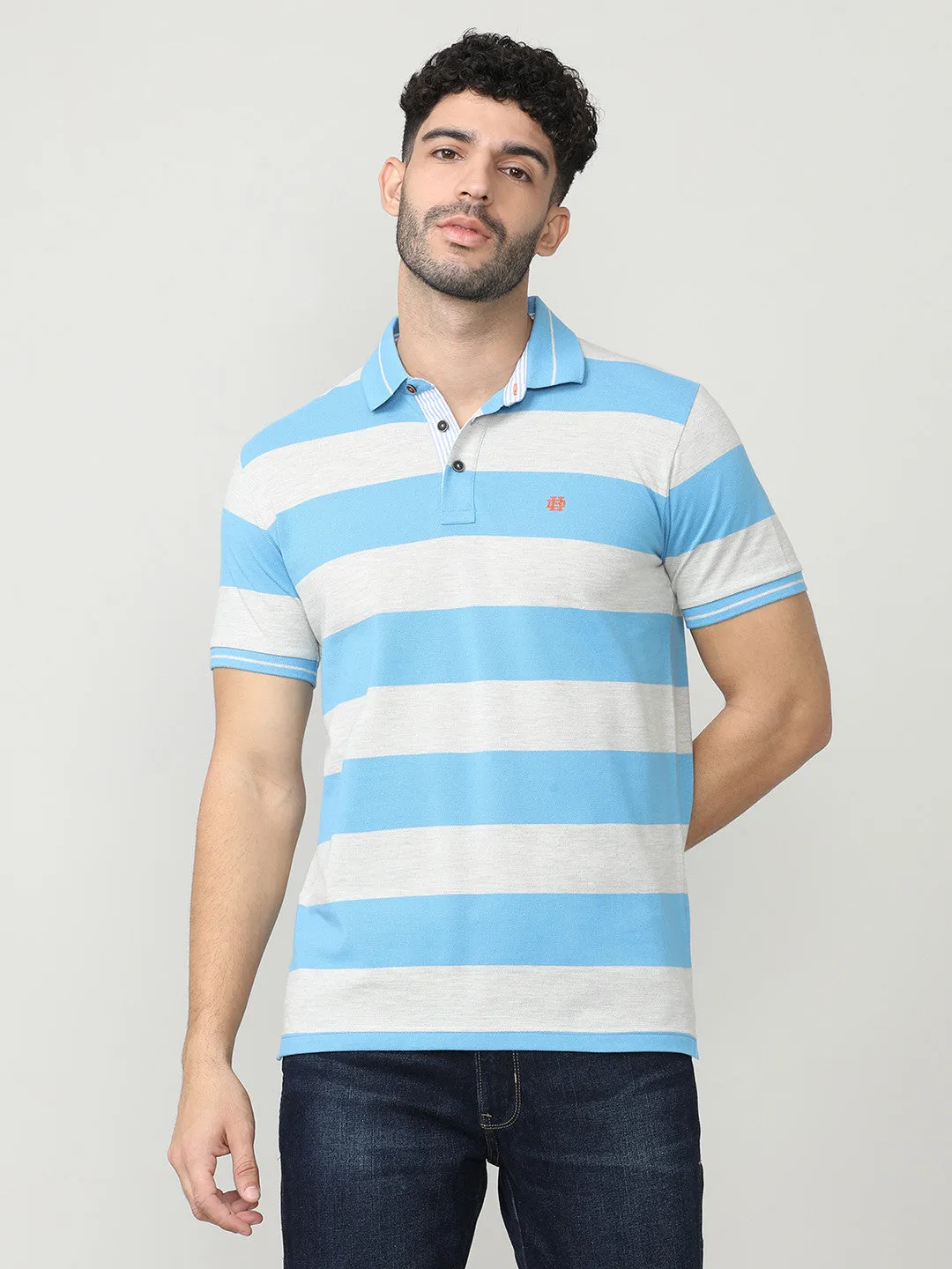 Sky Blue Pique Stripes Polo T-shirt With Tipping Collar