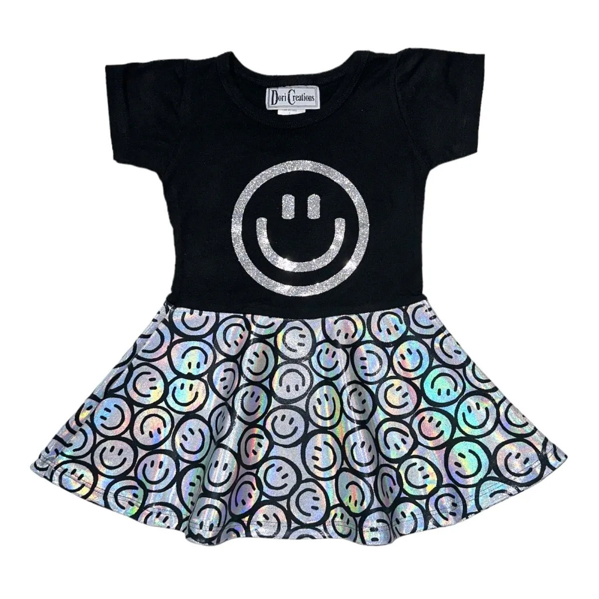 SMILEY FACE HOLOGRAPHIC RUFFLE SHORT SLEEVE DRESS