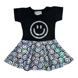 SMILEY FACE HOLOGRAPHIC RUFFLE SHORT SLEEVE DRESS