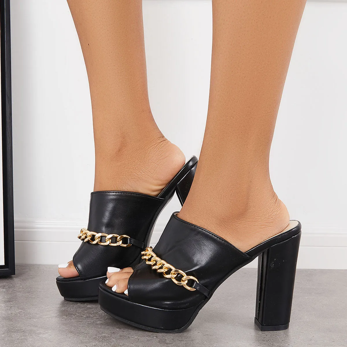 Sohiwoo Chain Platform Chunky Heel Mules Peep Toe Slide Sandals