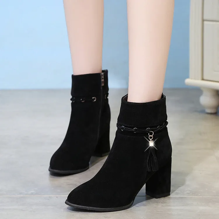 Tassels Crystal Pointed Toe Middle Chunky Heel Short Boots
