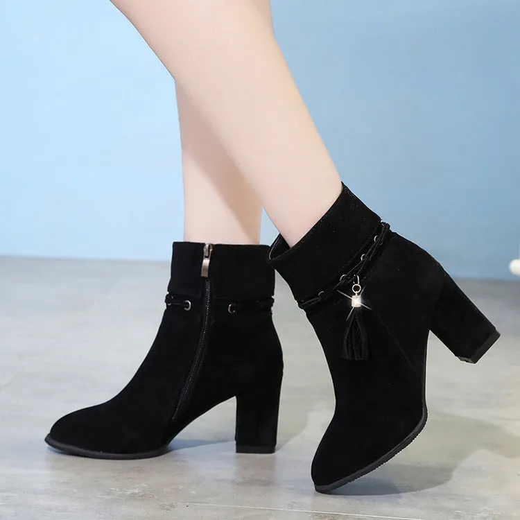 Tassels Crystal Pointed Toe Middle Chunky Heel Short Boots