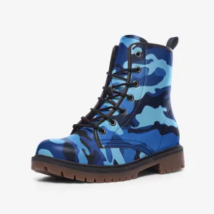 Vegan Leather Blue Camo Combat Boots, Lace Up Boots, Ankle Boots
