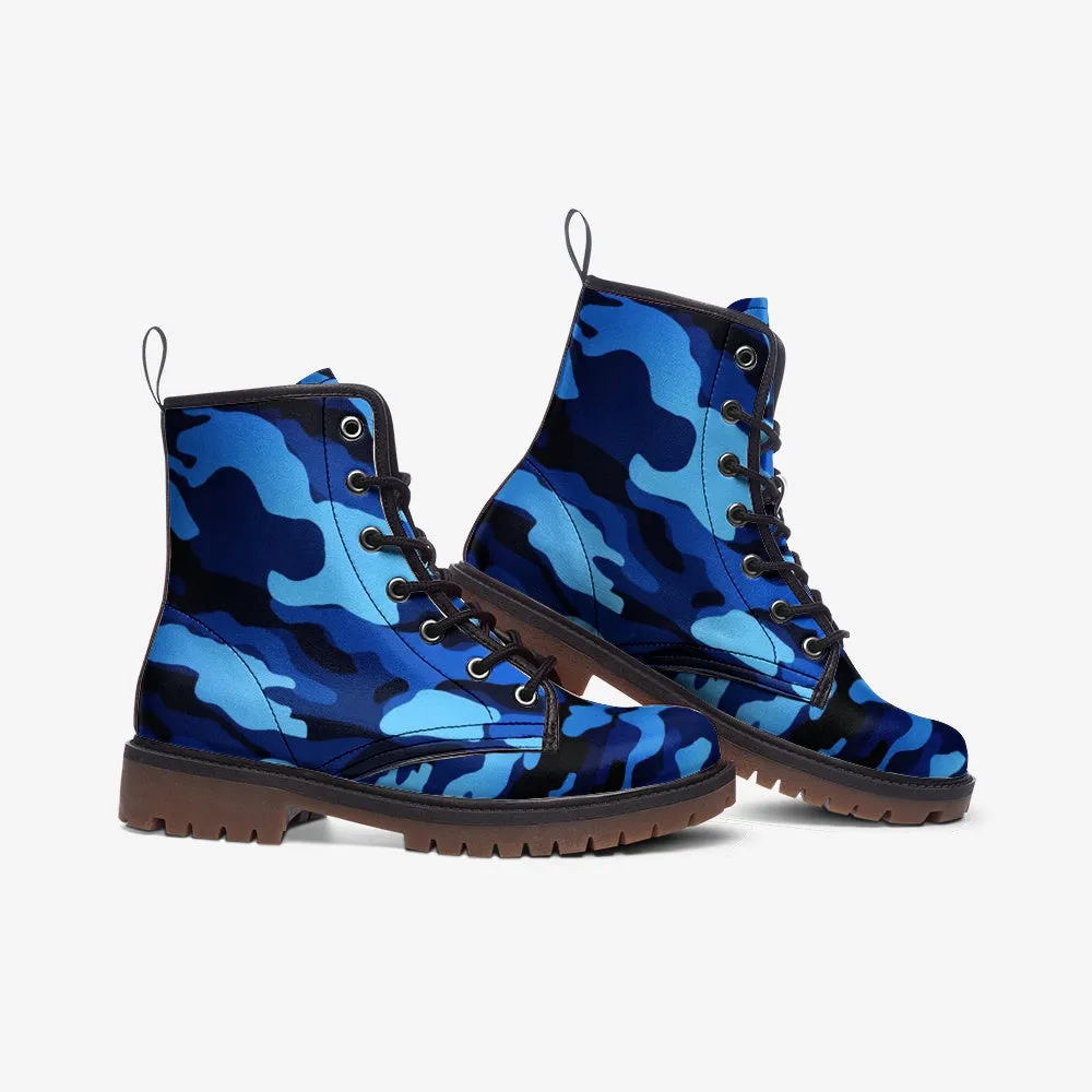 Vegan Leather Blue Camo Combat Boots, Lace Up Boots, Ankle Boots