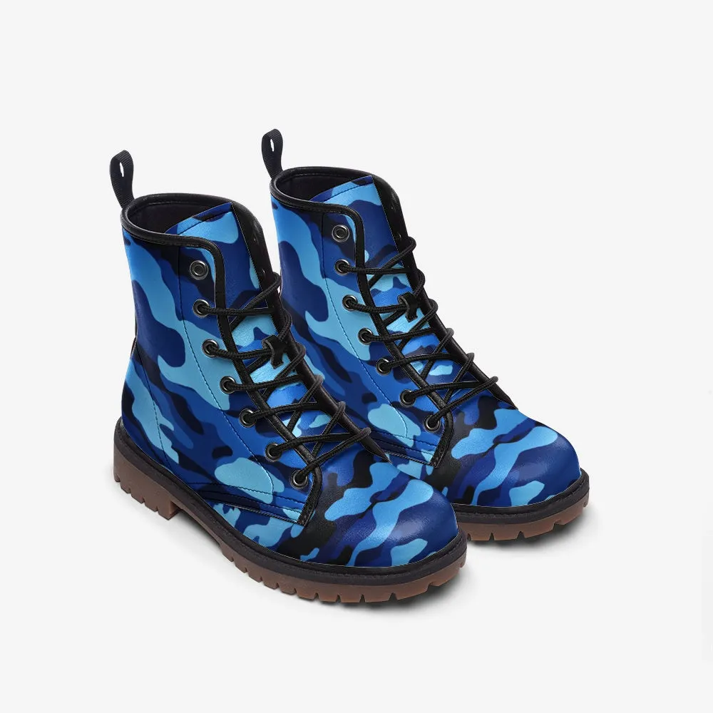 Vegan Leather Blue Camo Combat Boots, Lace Up Boots, Ankle Boots