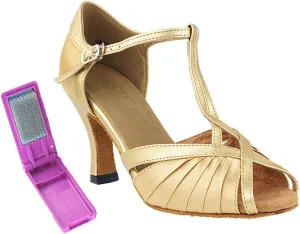 Very Fine Ballroom Latin Tango Salsa Dance Shoes for Women - 2707-2.5 Inch Heel and Foldable Dance Shoe Brush Bundle - Light Brown Satin - Size - 5