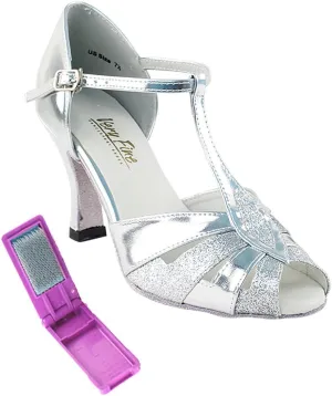 Very Fine Dance Shoes - Ladies Latin, Rhythm, Salsa, Waltz Ballroom Dance Shoes - 2702-2.5-inch Heel and Foldable Brush Bundle - Silver Stardust &Silver Leather - 7.5