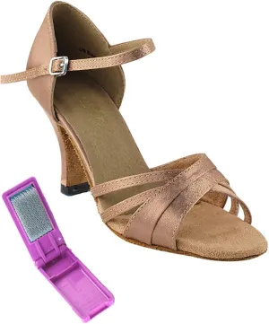 Very Fine Dance Shoes - Ladies Latin, Rhythm, Salsa, Waltz Ballroom Dance Shoes - 6030-2.5-inch Heel and Foldable Brush Bundle - Brown Satin - 9