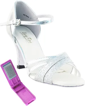 Very Fine Dance Shoes - Ladies Latin, Rhythm, Salsa, Waltz Ballroom Dance Shoes - 6030-3-inch Heel and Foldable Brush Bundle - Silver Stardust - Silver Leathe - 8