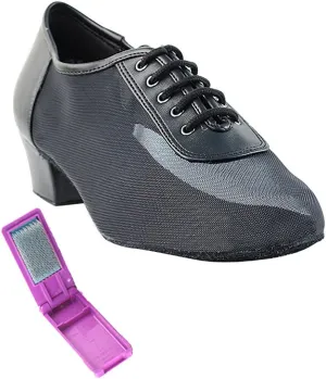 Very Fine Dance Shoes - Ladies Practice, Cuban Low Heel Ballroom Dance Shoes - 2002-1.5-inch Heel and Foldable Brush Bundle - Black Leather - Black Mesh - 6.5