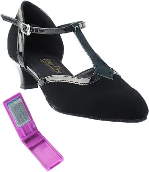 Very Fine Dance Shoes - Ladies Practice, Cuban Low Heel, Waltz Ballroom Dance Shoes - 9627-1.3-inch Heel and Foldable Brush Bundle - Black Nubuck - Black Trim - 9