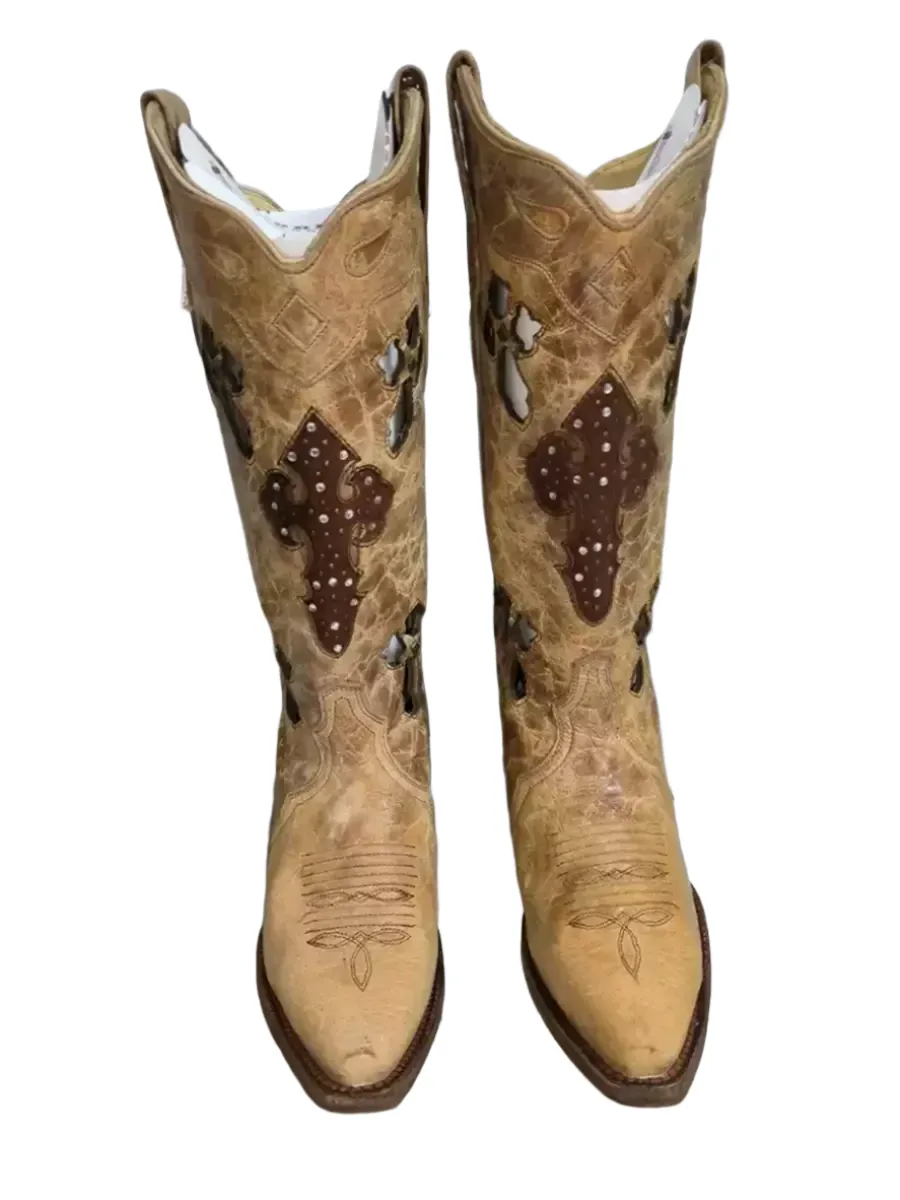 Vintage-Inspired Brown Western Cowgirl Boots with Embroidered Cutouts – Handmade Pointed Toe Boots