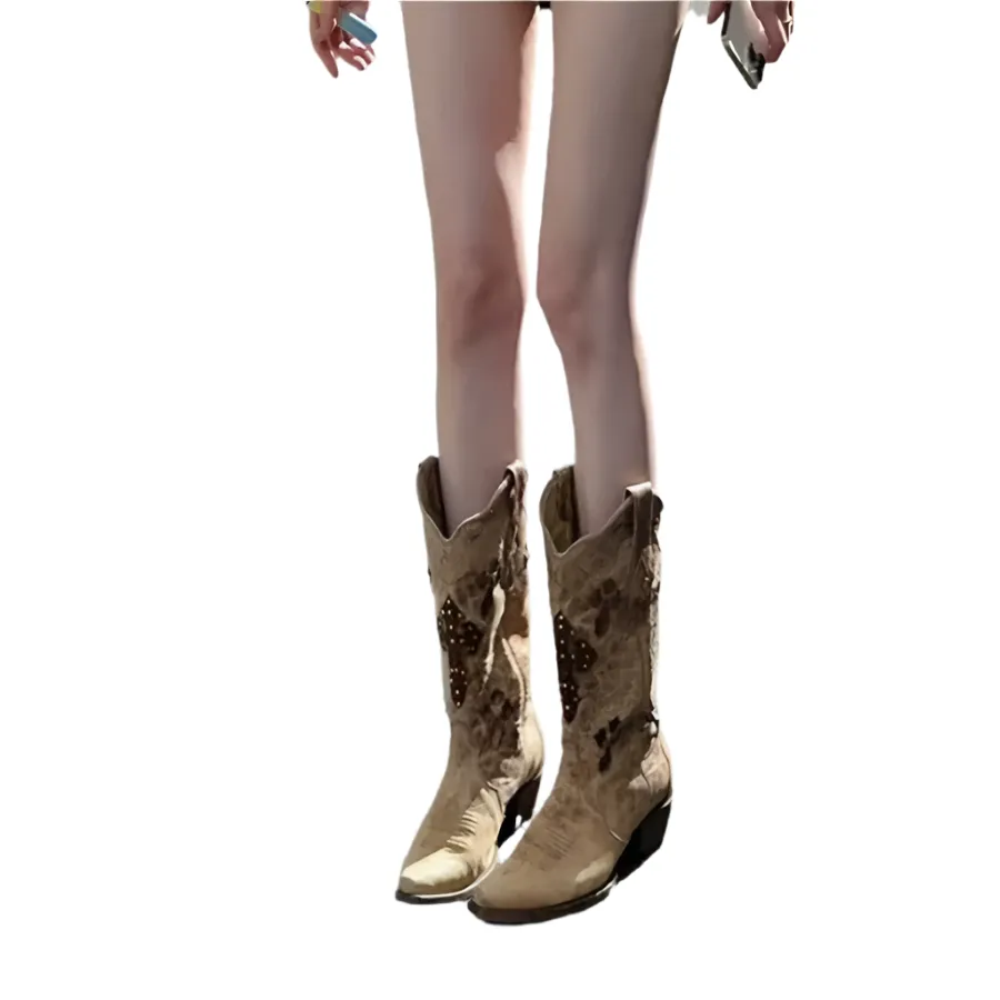 Vintage-Inspired Brown Western Cowgirl Boots with Embroidered Cutouts – Handmade Pointed Toe Boots