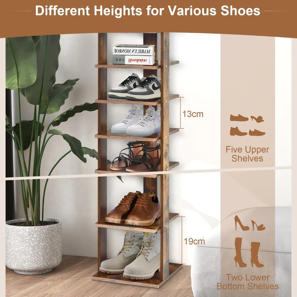 Wooden Vertical Shoe Rack with 7 Shelves-Brown
