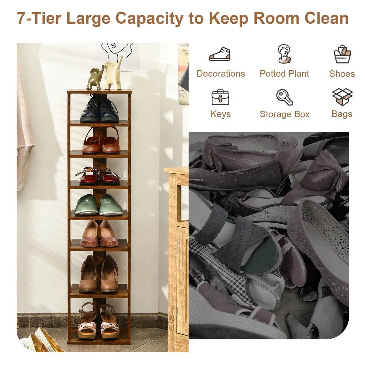 Wooden Vertical Shoe Rack with 7 Shelves-Brown