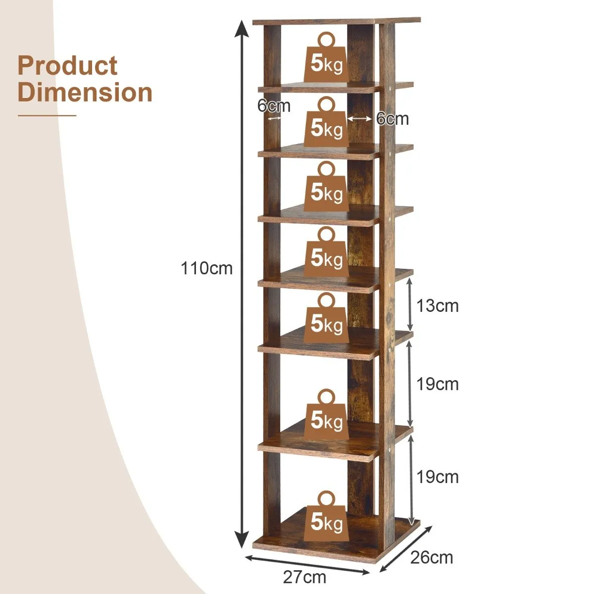 Wooden Vertical Shoe Rack with 7 Shelves-Brown